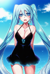 2__konshin__, girl,{{{hatsune miku,blue hair__,medium breasts, black dress bikin s-915215408