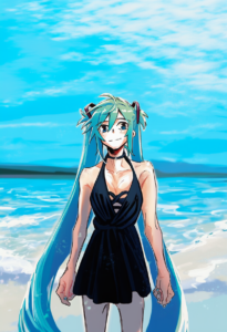 2__koyomania__, girl,{{{hatsune miku,blue hair__,medium breasts, black dress bik s-3384529854