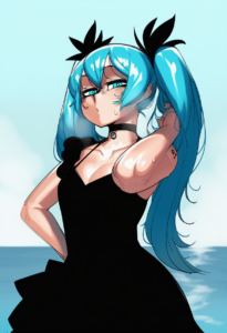 2__krekkov __, girl, hatsune miku,medium breasts, black dress,sea,solo,looking a s-272327121