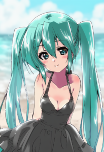 2__kuroi_mimei__, girl,{{{hatsune miku__,medium breasts, black dress,sea,solo,lo s-4154231895