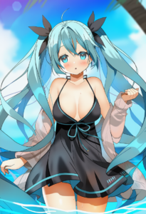 2__kurot__, girl,{{{hatsune miku,blue hair__,medium breasts, black dress bikini, s-1561531822