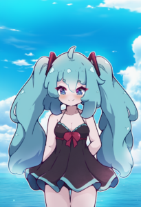 2__kurotofu__, girl,{{{hatsune miku,blue hair__,medium breasts, black dress biki s-1787840774