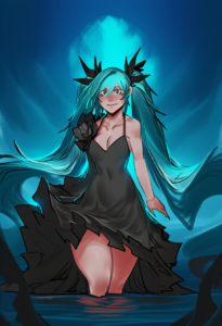 2__less__, girl,{{{hatsune miku__,medium breasts, black dress,sea,solo,looking a s-96481976