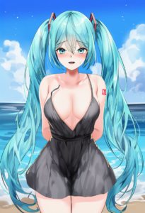 2__lillly__, girl,{{{hatsune miku,blue hair__,medium breasts, black dress bikini s-1197690092