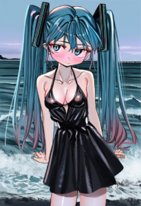 2__luicent__, girl,{{{hatsune miku,blue hair__,medium breasts, black dress bikin s-3726808728