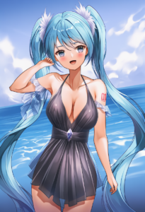 2__lunacle__, girl,{{{hatsune miku,blue hair__,medium breasts, black dress bikin s-3543032344