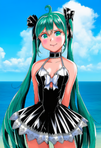 2__mayo_riyo__, girl, hatsune miku,medium breasts, black dress,sea,solo,looking s-3494620386