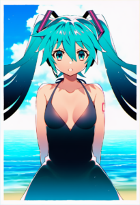 2__meiji_ken__, girl,{{{hatsune miku,blue hair__,medium breasts, black dress bik s-2449640644