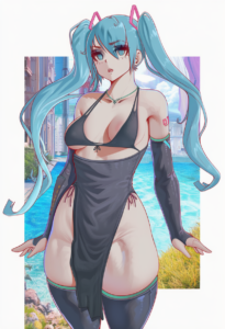 2__melowh__, girl,{{{hatsune miku,blue hair__,medium breasts, black dress bikini s-3865368945
