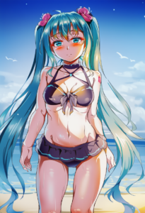 2__miazi__, girl,{{{hatsune miku,blue hair__,medium breasts, black dress bikini, s-3334022974
