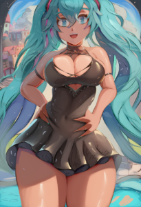 2__mirai_hikari__, girl,{{{hatsune miku,blue hair__,medium breasts, black dress s-123231315