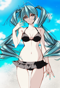 2__misteor__, girl,{{{hatsune miku,blue hair__,medium breasts, black dress bikin s-163575891