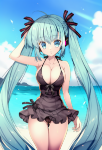 2__mitha__, girl,{{{hatsune miku,blue hair__,medium breasts, black dress bikini, s-997545449