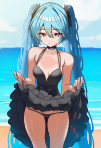 2__mizikayo__, girl,{{{hatsune miku__,medium breasts, black dress,sea,solo,looki s-1216489639