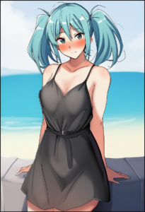 2__mobu__, girl,{{{hatsune miku,blue hair__,medium breasts, black dress bikini,b s-2000464501