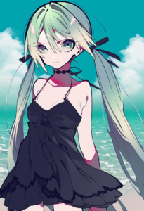 2__mochizuki_kei __, girl, hatsune miku,medium breasts, black dress,sea,solo,loo s-3841659217