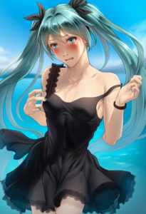 2__mondi_hl__, girl,{{{hatsune miku__,medium breasts, black dress,sea,solo,looki s-3389892197
