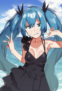 2__muchi_maro__, girl,{{{hatsune miku__,medium breasts, black dress,sea,solo,loo s-2740172701
