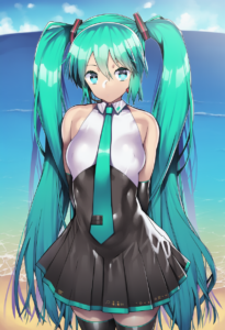 2__nagase_haruhito__, girl,{{{hatsune miku__,medium breasts, black dress,sea,sol s-4034965321