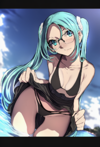 2__nagioka__, girl,{{{hatsune miku,blue hair__,medium breasts, black dress bikin s-4226141579