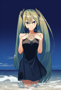 2__nakatani_nio__, girl,{{{hatsune miku__,medium breasts, black dress,sea,solo,l s-1612227025
