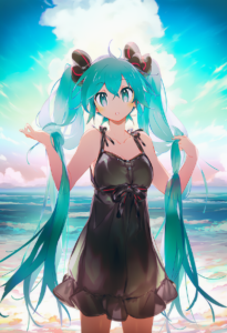 2__namie-kun__, girl,{{{hatsune miku,blue hair__,medium breasts, black dress bik s-709926706