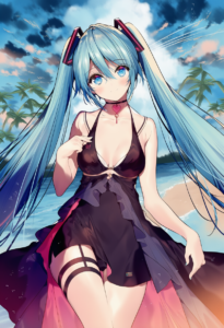 2__necomi__, girl,{{{hatsune miku,blue hair__,medium breasts, black dress bikini s-2857242473