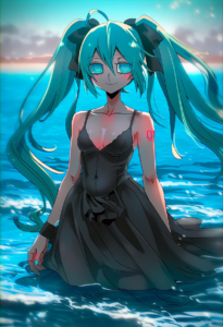 2__noah_(tettsui-sole)__, girl,{{{hatsune miku__,medium breasts, black dress,sea s-3378577074