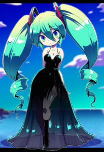 2__nollety__, girl,{{{hatsune miku__,medium breasts, black dress,sea,solo,lookin s-3879124416