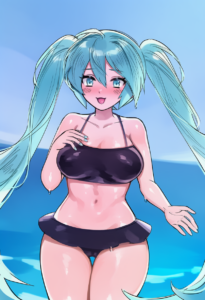 2__norza__, girl,{{{hatsune miku,blue hair__,medium breasts, black dress bikini, s-3093057799