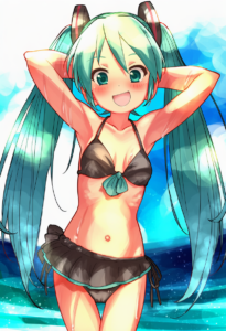 2__nyama__, girl,{{{hatsune miku,blue hair__,medium breasts, black dress bikini, s-1670249307