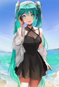 2__ormille__, girl,{{{hatsune miku,blue hair__,medium breasts, black dress bikin s-743031912
