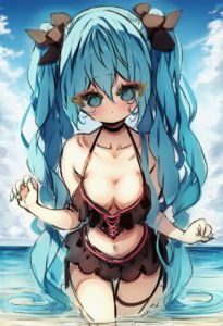 2__piyokichi__, girl,{{{hatsune miku,blue hair__,medium breasts, black dress bik s-133864473