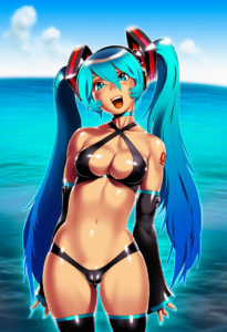 2__po-ju__, girl,{{{hatsune miku,blue hair__,medium breasts, black dress bikini, s-445036430