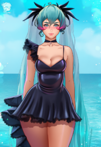2__prywinko__, girl,{{{hatsune miku,blue hair__,medium breasts, black dress,sea, s-2167627765 (1)