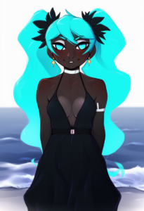 2__pudgeruffian__, girl,{{{hatsune miku__,medium breasts, black dress,sea,solo,l s-3587800045