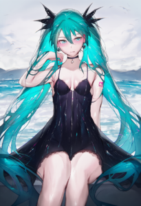 2__qiandaiyiyu__, girl,{{{hatsune miku__,medium breasts, black dress,sea,solo,lo s-3027226083