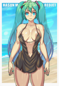 2__redjet__, girl,{{{hatsune miku,blue hair__,medium breasts, black dress bikini s-410525270