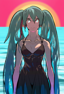 2__redlhzz__, girl,{{{hatsune miku,blue hair__,medium breasts, black dress bikin s-239659066