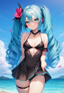 2__rifyu__, girl,{{{hatsune miku,blue hair__,medium breasts, black dress bikini, s-3688615701