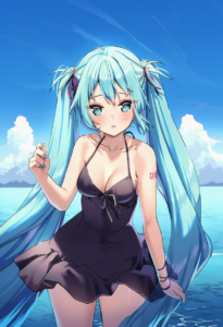2__rosuuri__, girl,{{{hatsune miku,blue hair__,medium breasts, black dress bikin s-523082390