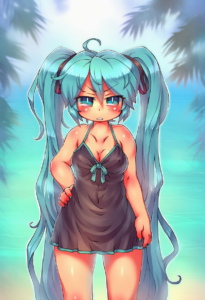 2__sankuma__, girl,{{{hatsune miku,blue hair__,medium breasts, black dress bikin s-519303659
