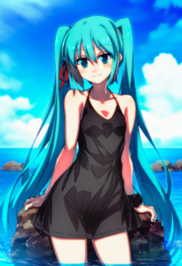 2__sazanami_mio__, girl,{{{hatsune miku__,medium breasts, black dress,sea,solo,l s-1878934423