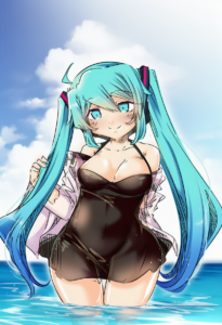 2__sesield__, girl,{{{hatsune miku,blue hair__,medium breasts, black dress bikin s-520329042