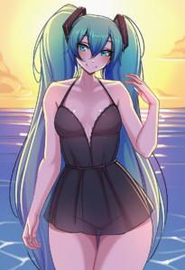2__shellvi__, girl,{{{hatsune miku,blue hair__,medium breasts, black dress bikin s-133969734