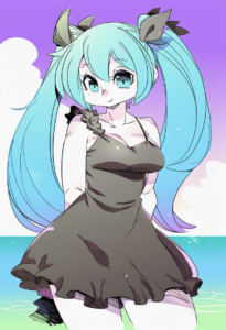 2__shepherd0821 __, girl, hatsune miku,medium breasts, black dress,sea,solo,look s-1652540881