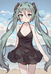 2__shone__, girl,{{{hatsune miku,blue hair__,medium breasts, black dress bikini, s-2736426075