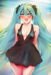 2__shpo__, girl,{{{hatsune miku,blue hair__,medium breasts, black dress bikini,b s-323773194