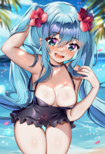 2__squchan__, girl,{{{hatsune miku,blue hair__,medium breasts, black dress bikin s-267613771