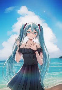 2__suito__, girl,{{{hatsune miku,blue hair__,medium breasts, black dress bikini, s-3057534990